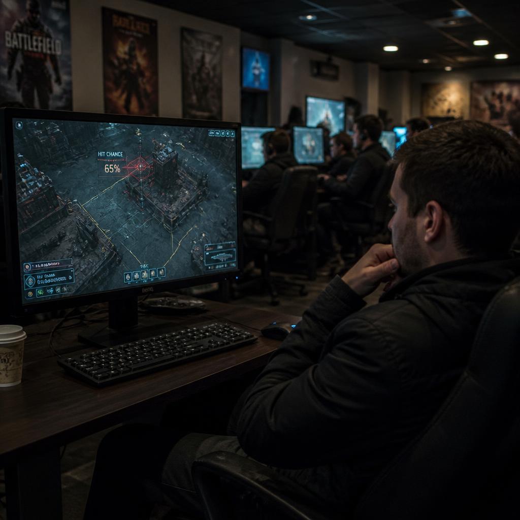 A focused player studying a tactics screen at his station on the dimly lit main rows